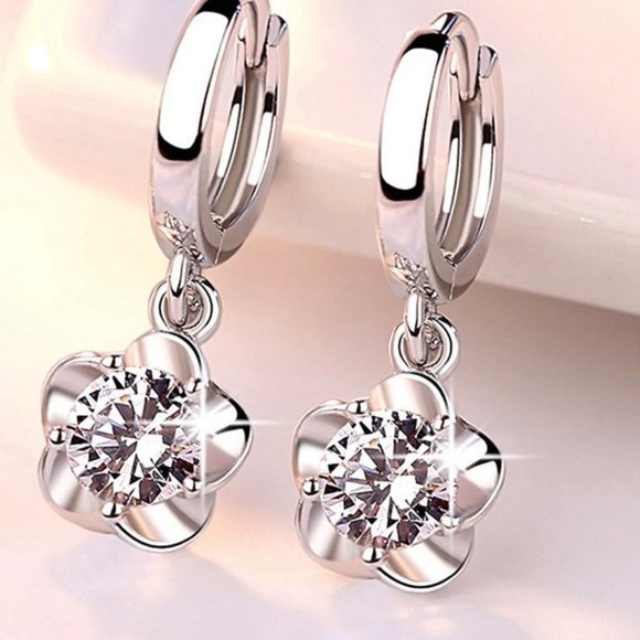 Flower Drop Necklace Earrings 925 Sterling Silver Set Gift Minimalist - Picture 2 of 4